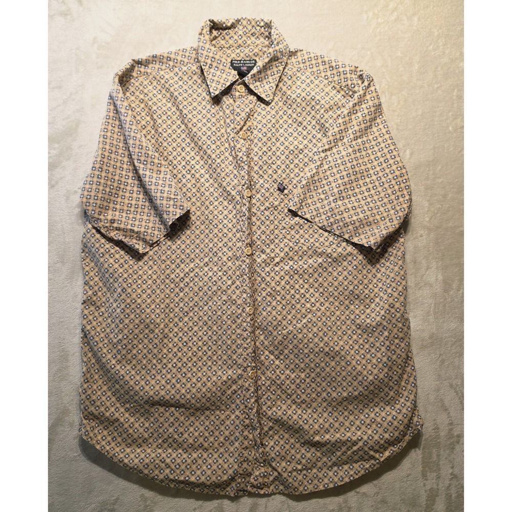 Polo Jeans Co Ralph Lauren Shirt Mens M Beige Blue Ditsy Floral Button Front Y2K